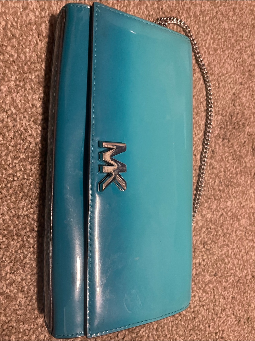 Michael Kors Blue Patent Leather Chain Clutch